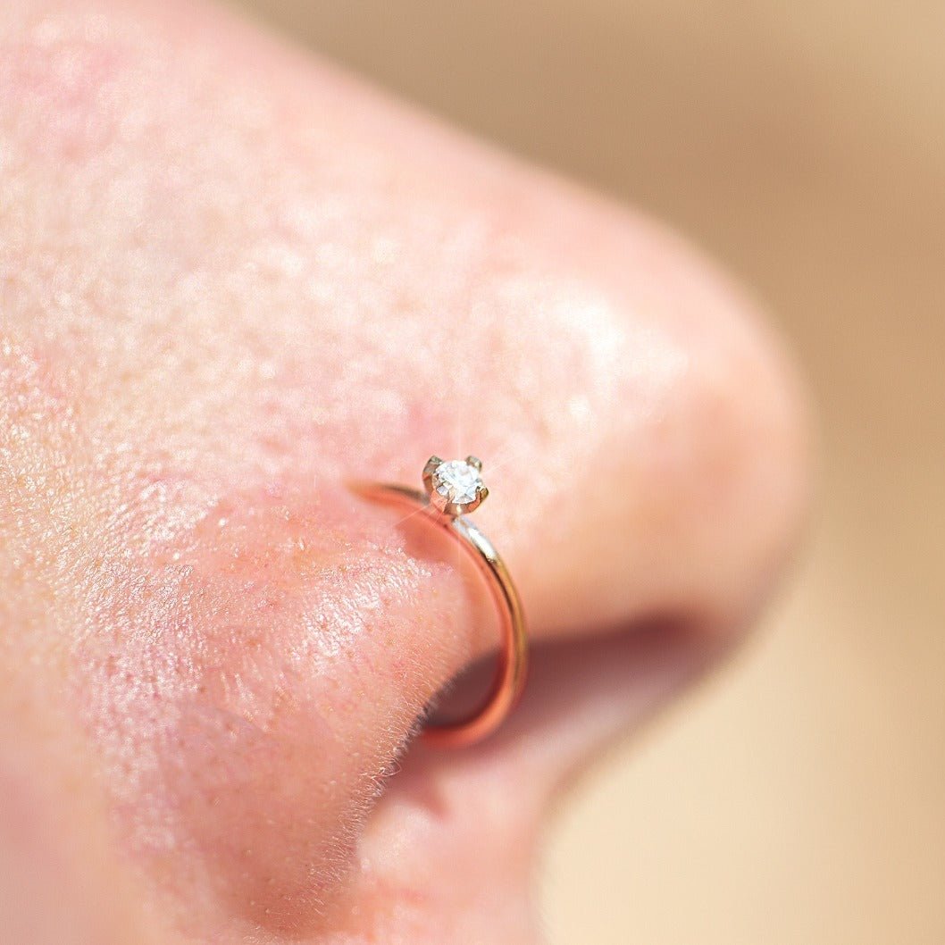 Nose Ring with Diamond and 18K Solid Rose Gold 20 Gauge Hoop for Mens and Womens - Zalupe