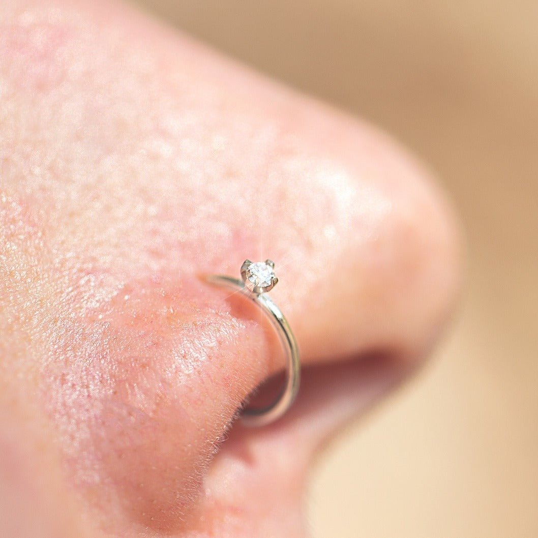 Nose Ring with Diamond and 18K Solid White Gold 20 Gauge Hoop for Mens and Womens - Zalupe