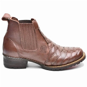 Cowboy Boots Ankle Brown Leather Scaled Round Toe Slip On