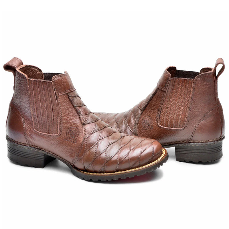 Cowboy Boots Ankle Brown Leather Scaled Round Toe Slip On