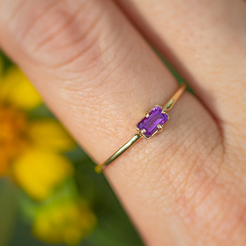 Ring Amethyst Womens 10K Solid Gold Dainty Thin