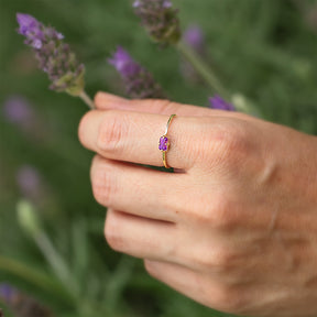 Ring Amethyst Womens 10K Solid Gold Dainty Thin