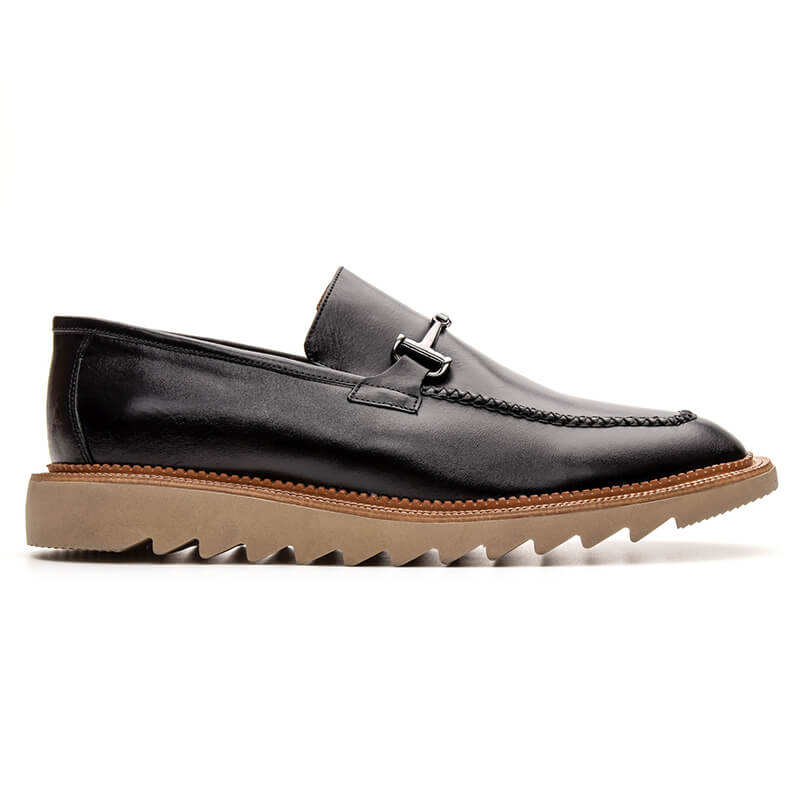 Side view of Bigioni black leather loafer showcasing the high-quality rubberized sole and leather welt