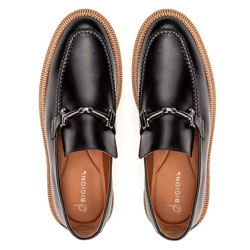 Top view of Bigioni black leather loafer showcasing the high-quality rubberized sole and leather welt