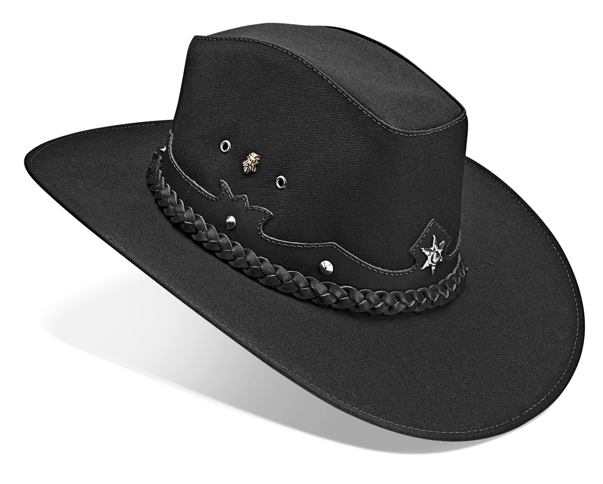 Cowboy Hat Black Leather and Canvas Western American Style - Zalupe