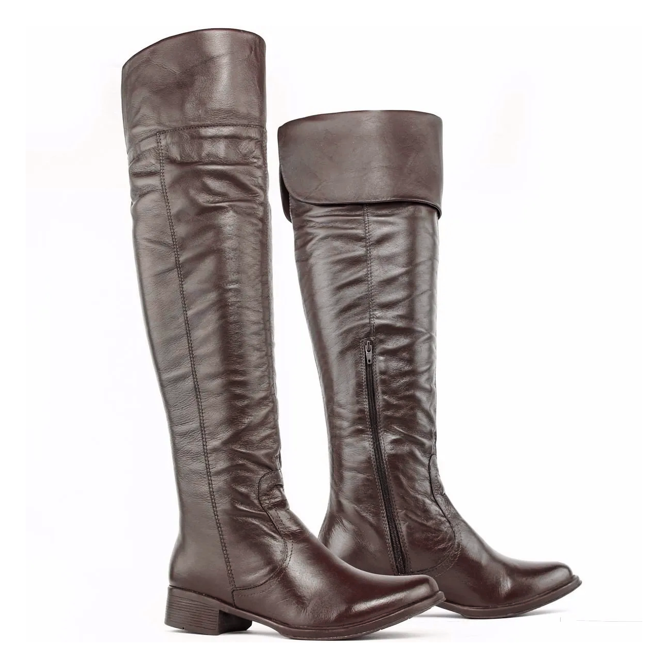 Over The Knee Leather Boots Low Heel - Zalupe