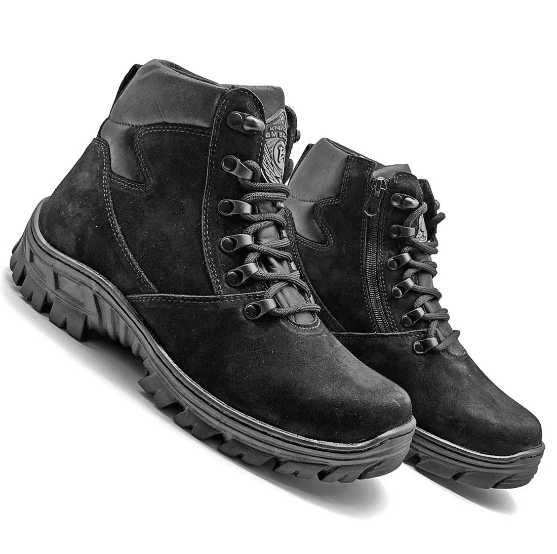 Hiking Boots Black Genuine Leather Combat Military Rock Zipper - Zalupe