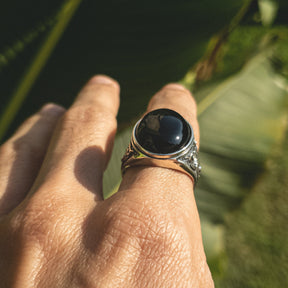 Silver Ring Natural Stone Black Agate Lucky Stone Super Powerful - Zalupe