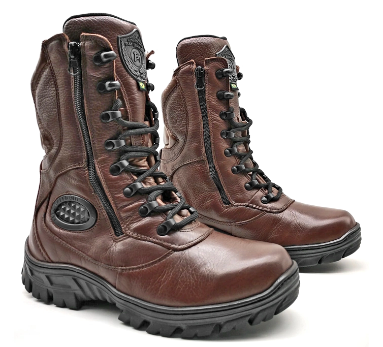 Combat Boots Brown Genuine Leather Tactical Military Zipper - Zalupe