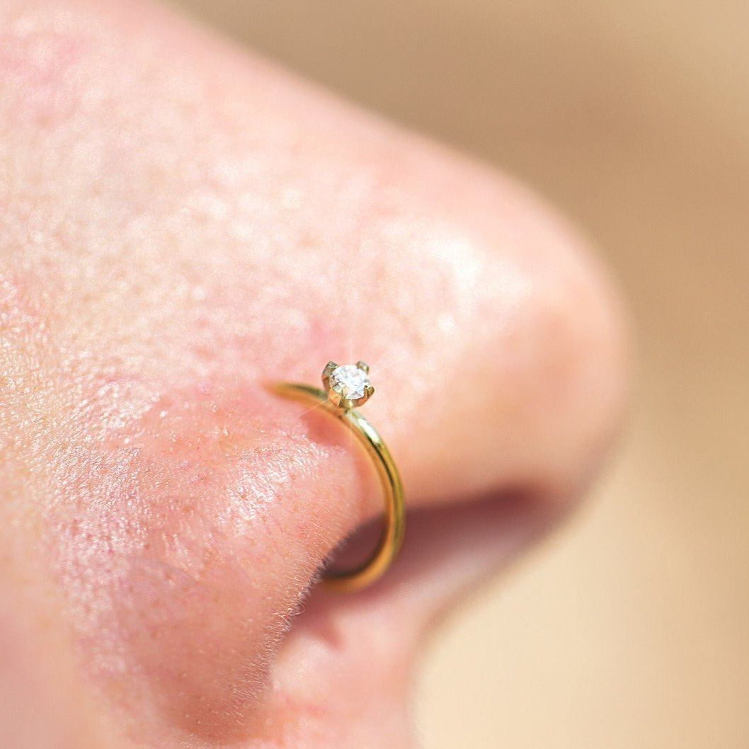 Nose Ring with Diamond and 10K Solid Yellow Gold 20 Gauge Hoop for Mens and Womens - Zalupe