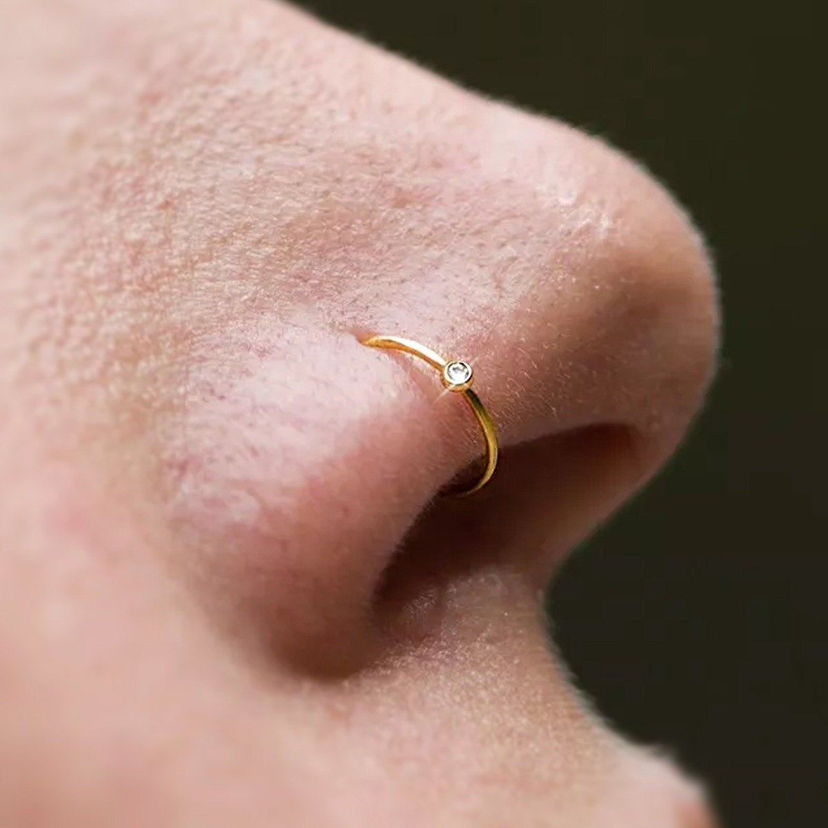 Nose Ring Diamond and 10K Solid Yellow Gold Hoop 22g Jewelry - Zalupe