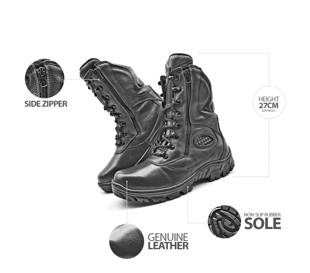 Combat Boots Black Leather Tactical Military Army Zipper - Zalupe